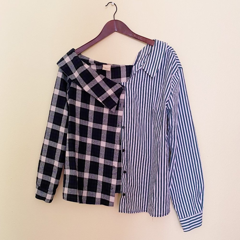 Two tone plaid off shoulder button blouse M